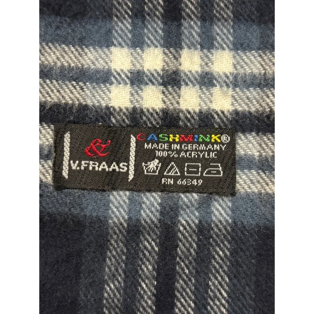 V‎ Fraas Plaid Scarf Blue Yellow White Acrylic Fringe Made in Germany